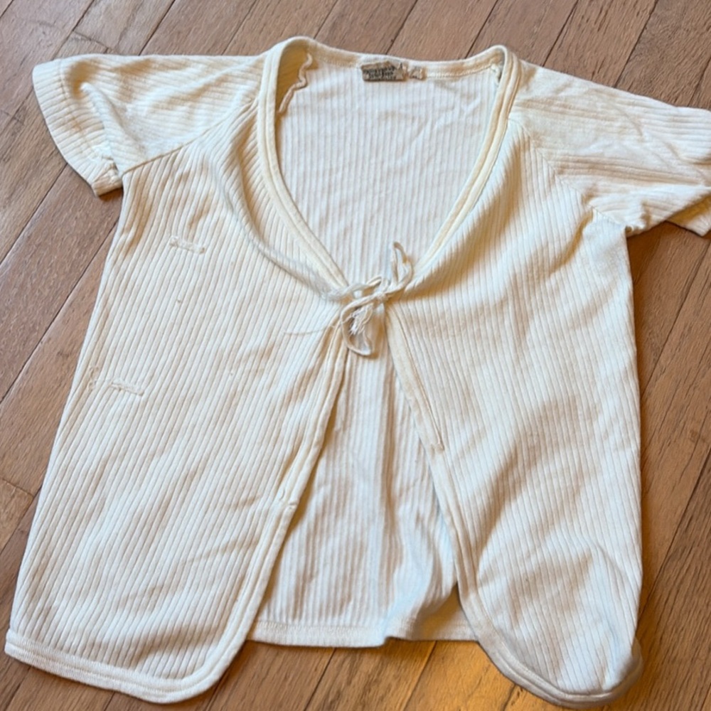 Cream Ribbed Tie-Front Top